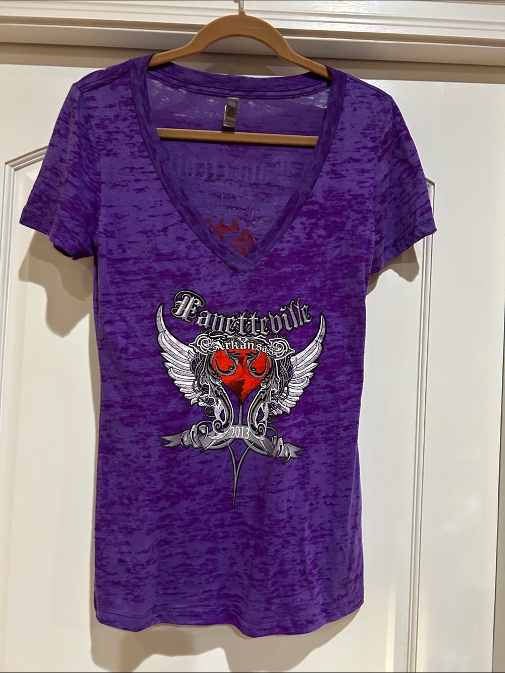 Next Level Apparel Purple Burnout V-Neck Tee with Red Winged Heart Graphic